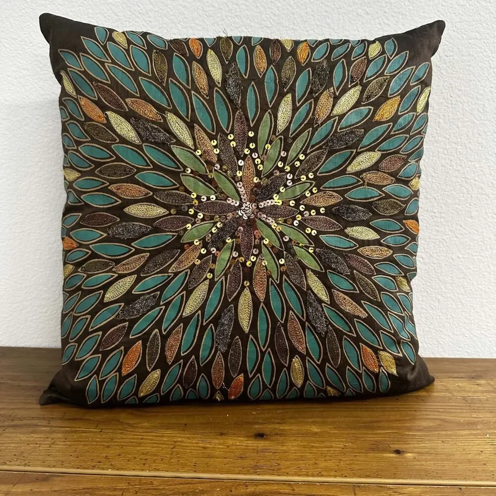 Vintage Pier 1 Imports Embroidered Bohemian Brown Throw Pillow 16x16